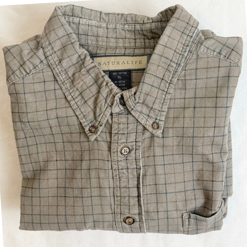 Naturalife Button Down Shirt Mens XL Olive Gray Check Corduroy Long Sleeve